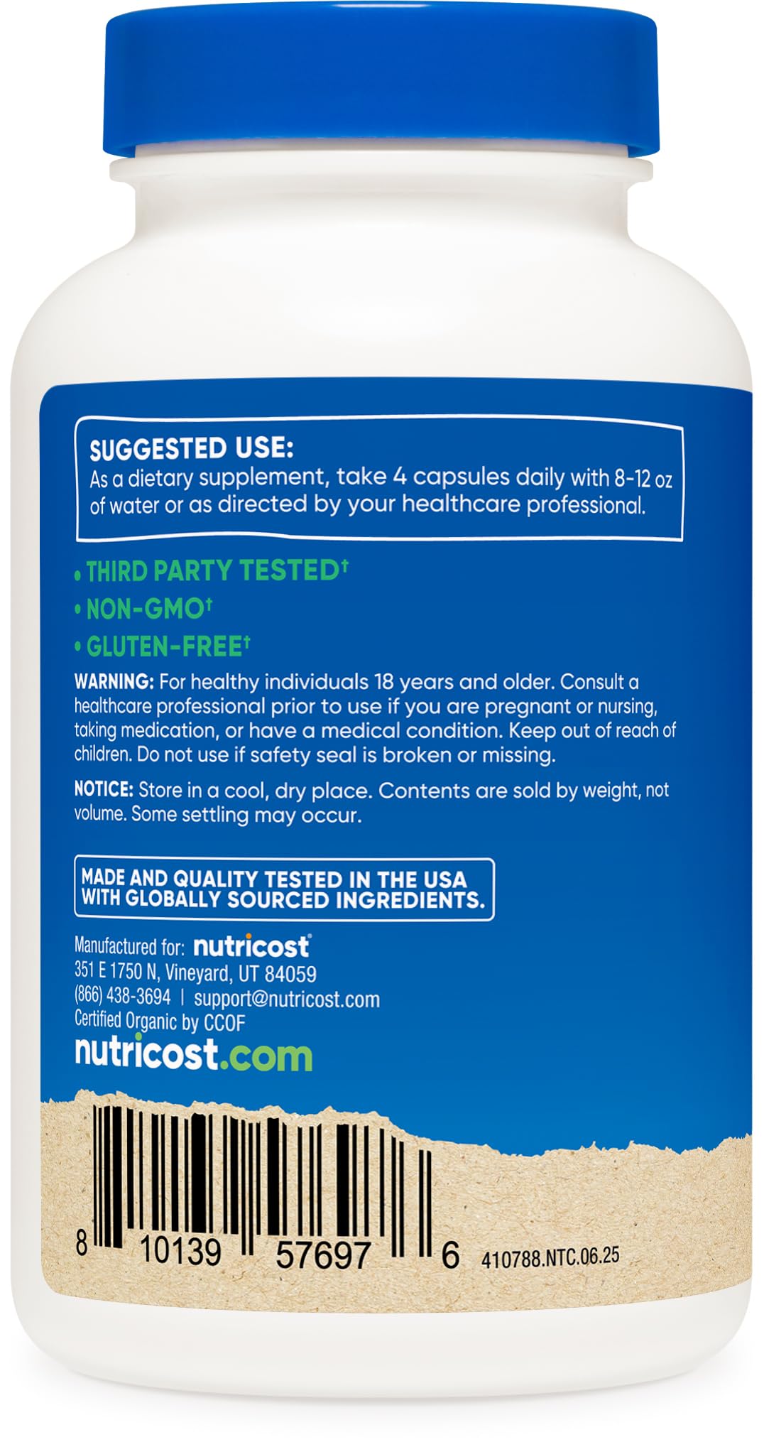 Nutricost etiqueta con sellos USDA y CCOF que garantizan calidad