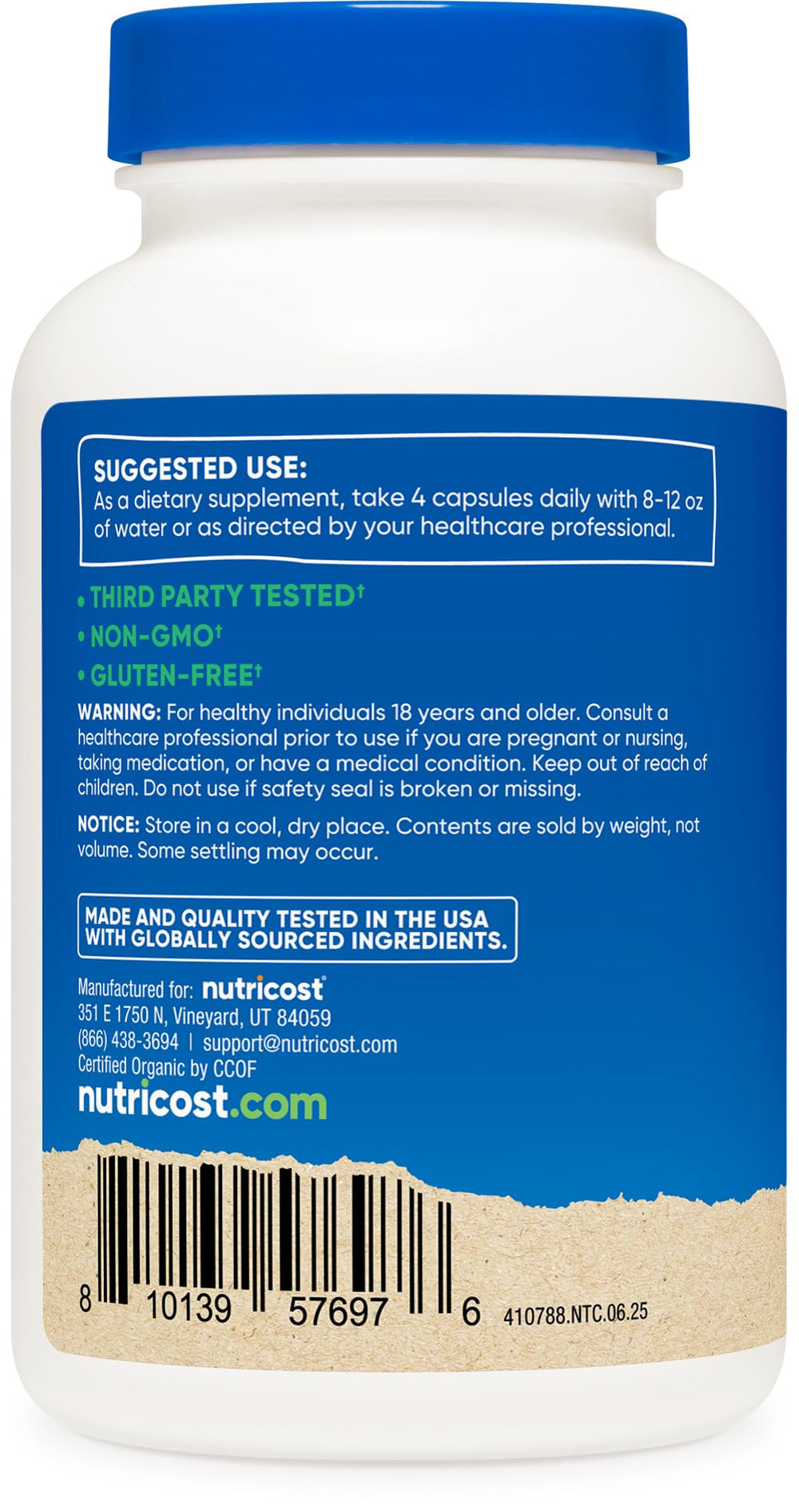 Nutricost etiqueta con sellos USDA y CCOF que garantizan calidad