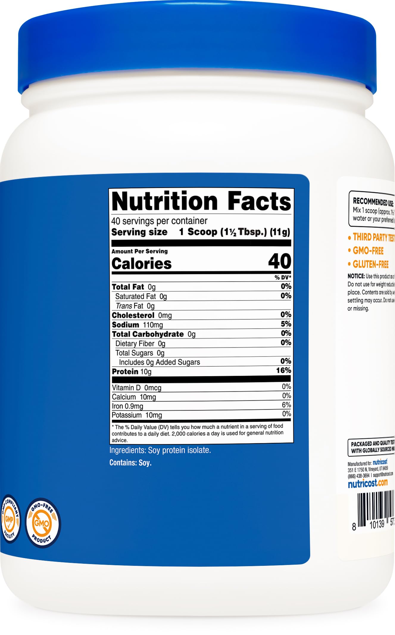 Nutricost etiqueta con certificaciones NSF y GMP indicando seguridad y calidad