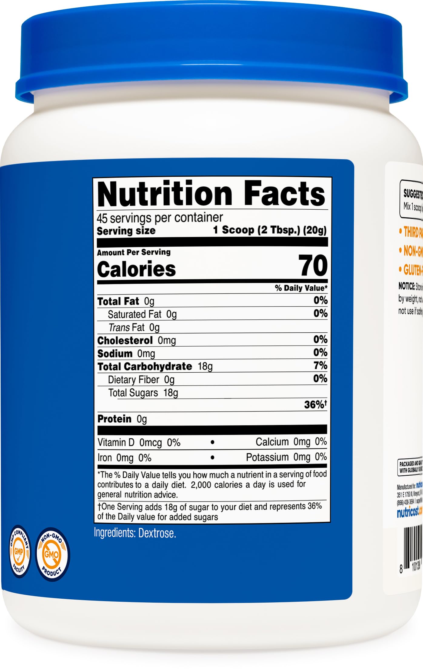 Nutricost etiqueta con información GMP, Non-GMO y Gluten Free