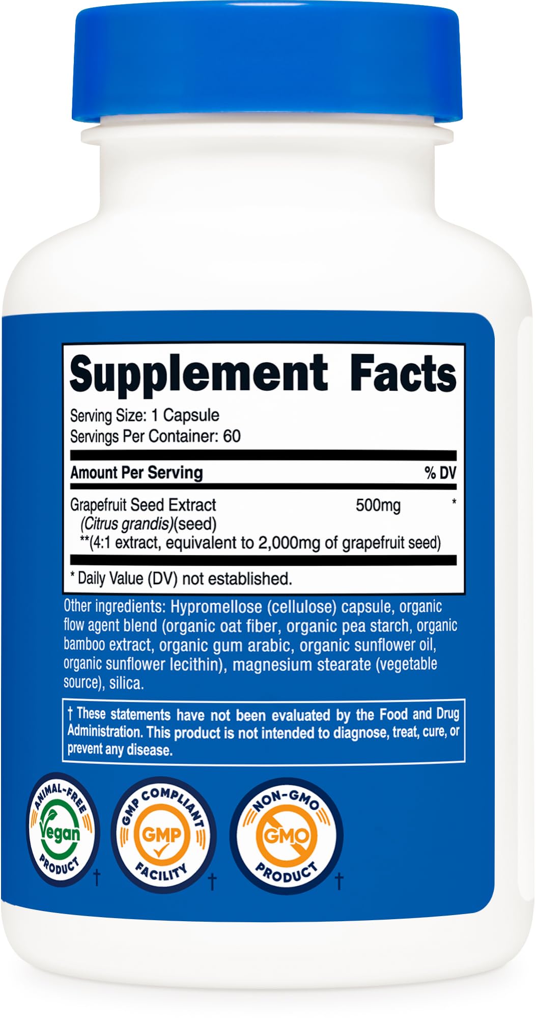 Nutricost etiqueta detallada mostrando información de 500 mg y certificaciones de calidad