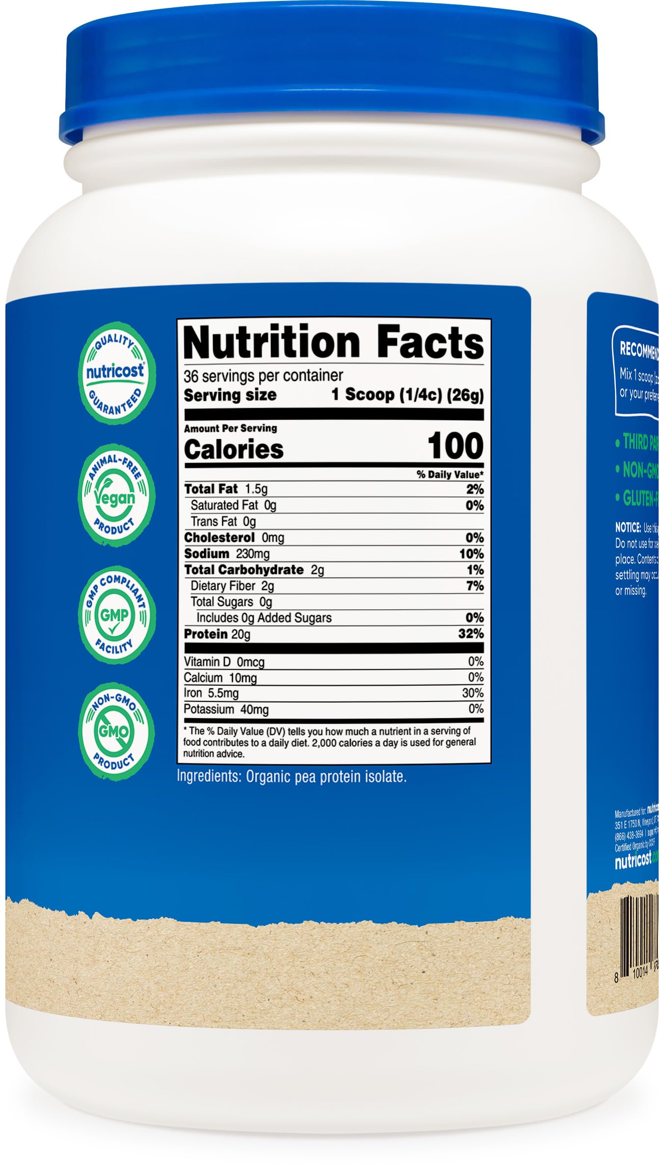 Nutricost etiqueta nutricional en primer plano confirmando 20 g por cucharada