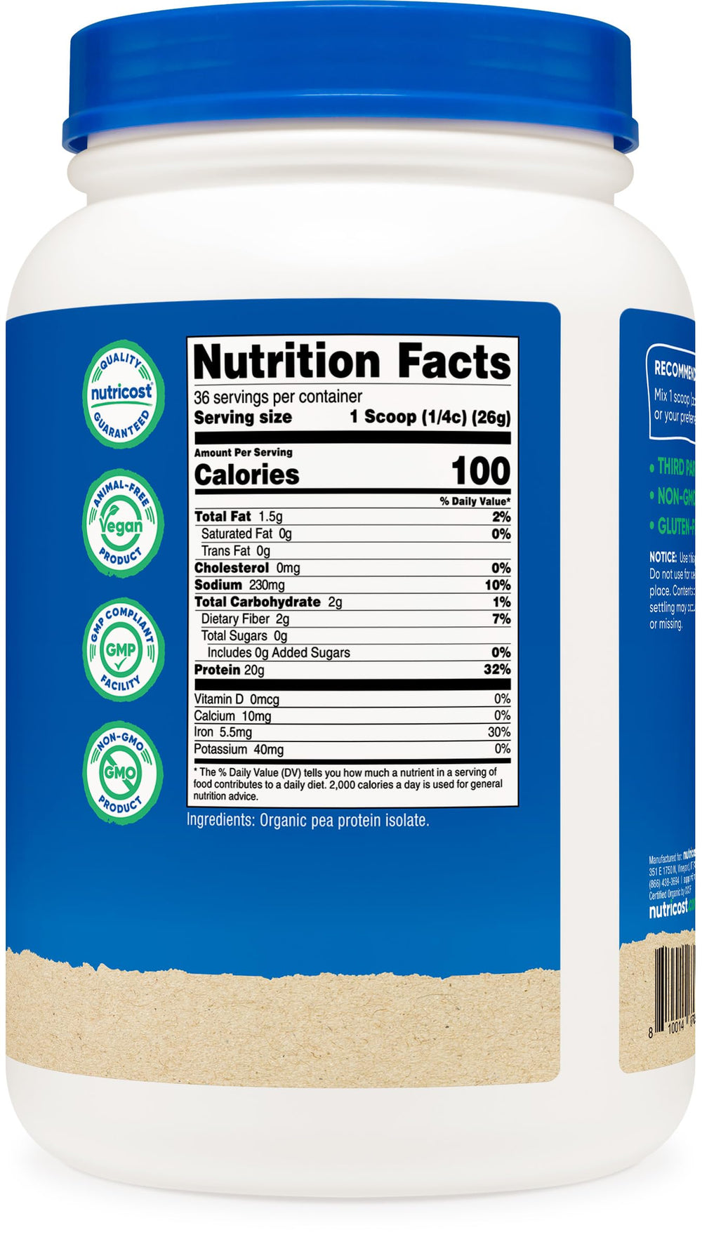 Nutricost etiqueta nutricional en primer plano confirmando 20 g por cucharada