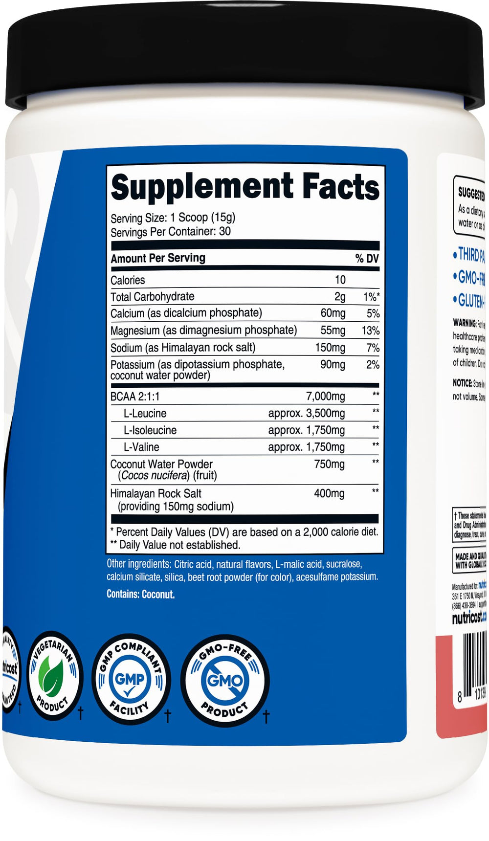 Nutricost etiqueta nutricional abierta mostrando BCAA 7 g por servicio