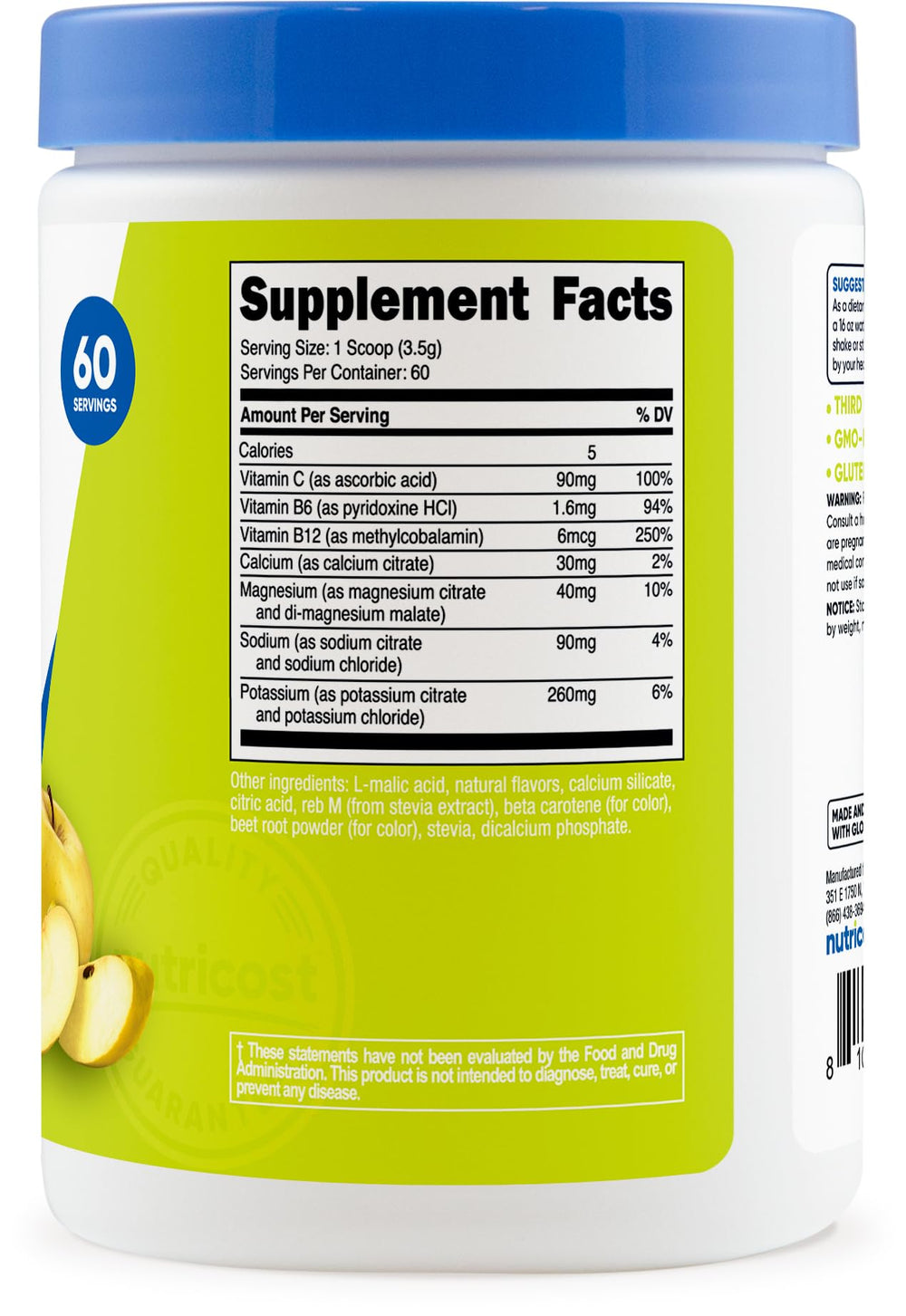 Etiqueta Nutricost con información nutricional y lista de electrolitos clara