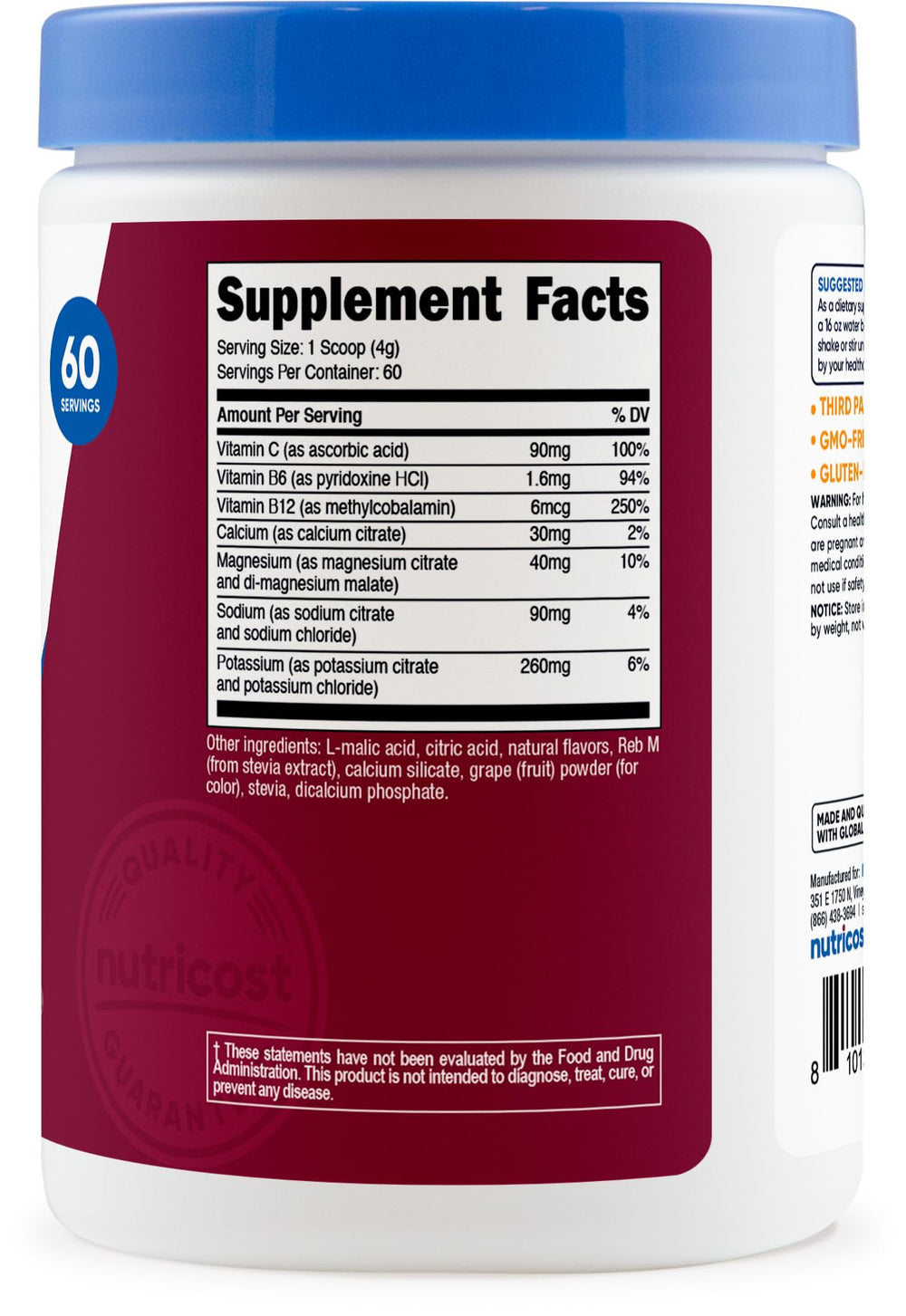 Etiqueta Nutricost con información nutricional y certificación de calidad