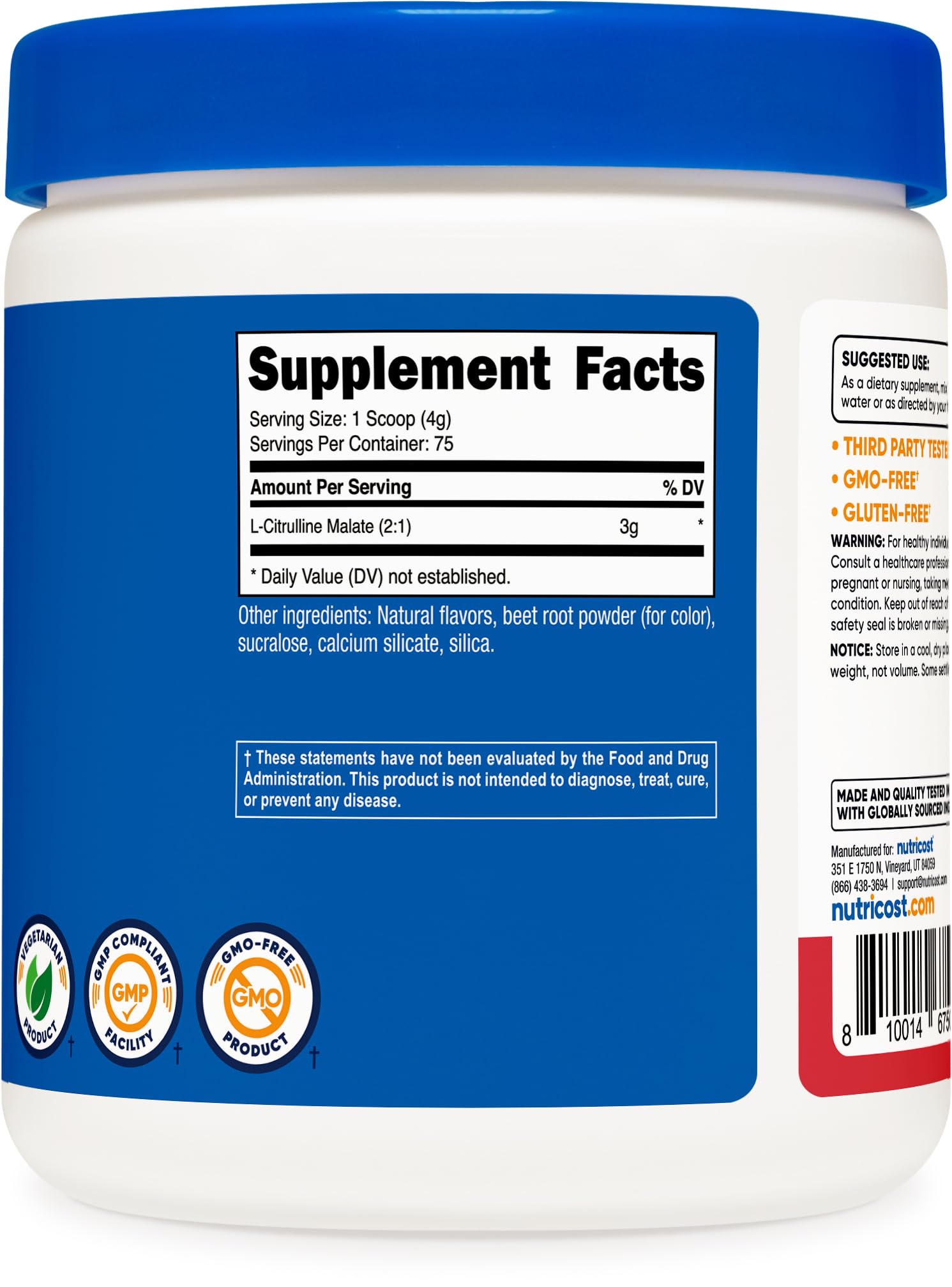 Plano de la etiqueta Nutricost mostrando información nutricional y certificaciones