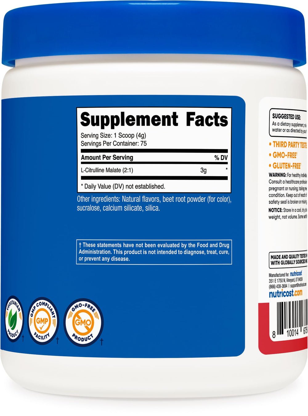 Plano de la etiqueta Nutricost mostrando información nutricional y certificaciones