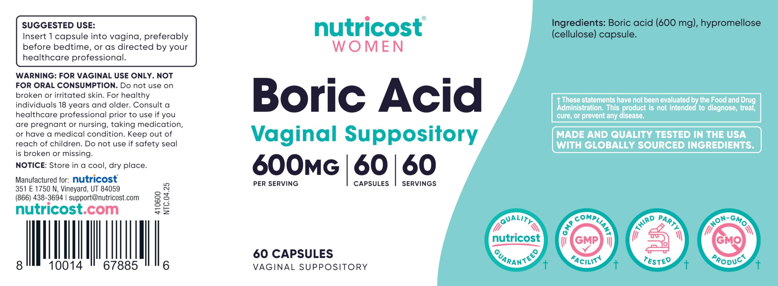 Nutricost etiqueta con información de 600 mg por cápsula y certificaciones