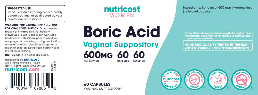 Nutricost etiqueta con información de 600 mg por cápsula y certificaciones