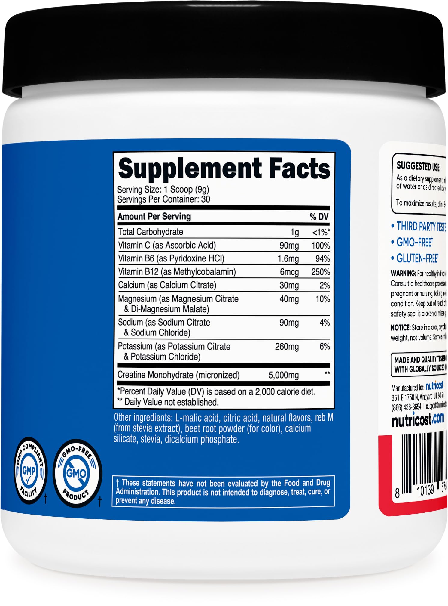 Nutricost etiqueta de ingredientes cercana resaltando vitaminas, minerales y creatina