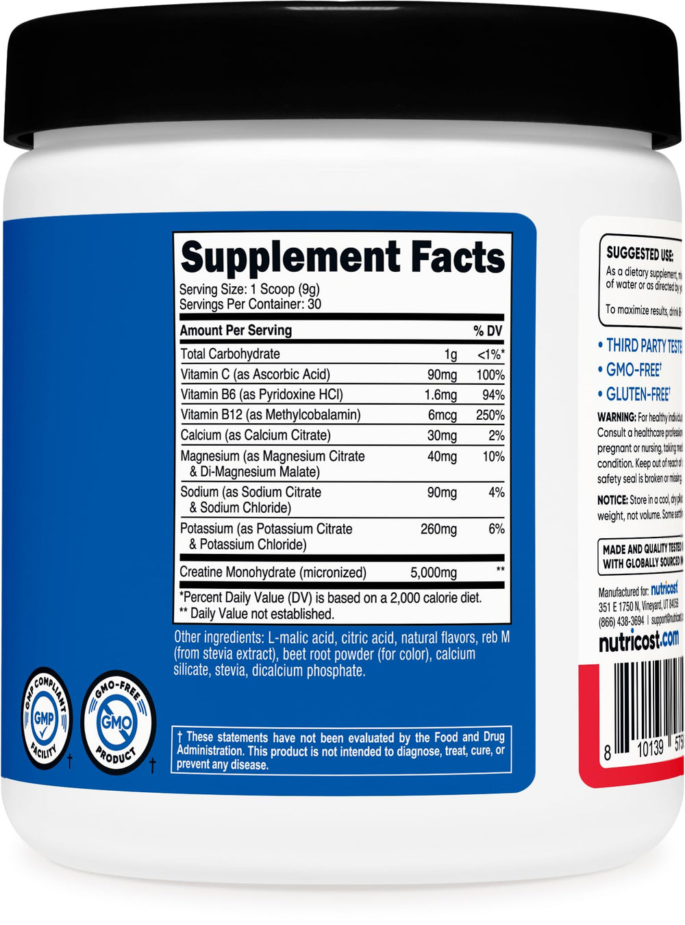 Nutricost etiqueta de ingredientes cercana resaltando vitaminas, minerales y creatina