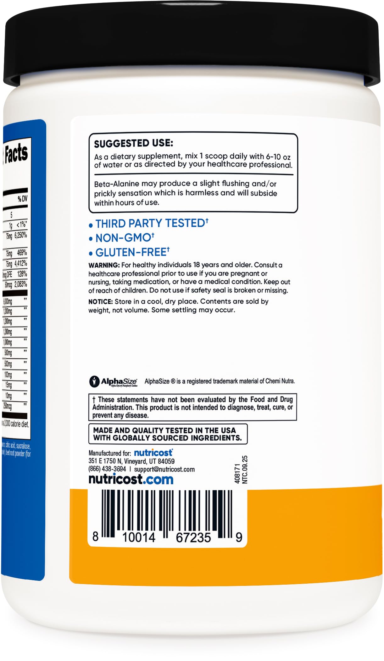 Detalle de etiqueta Nutricost con dosis y 6,000 mg L-citrulina visibles