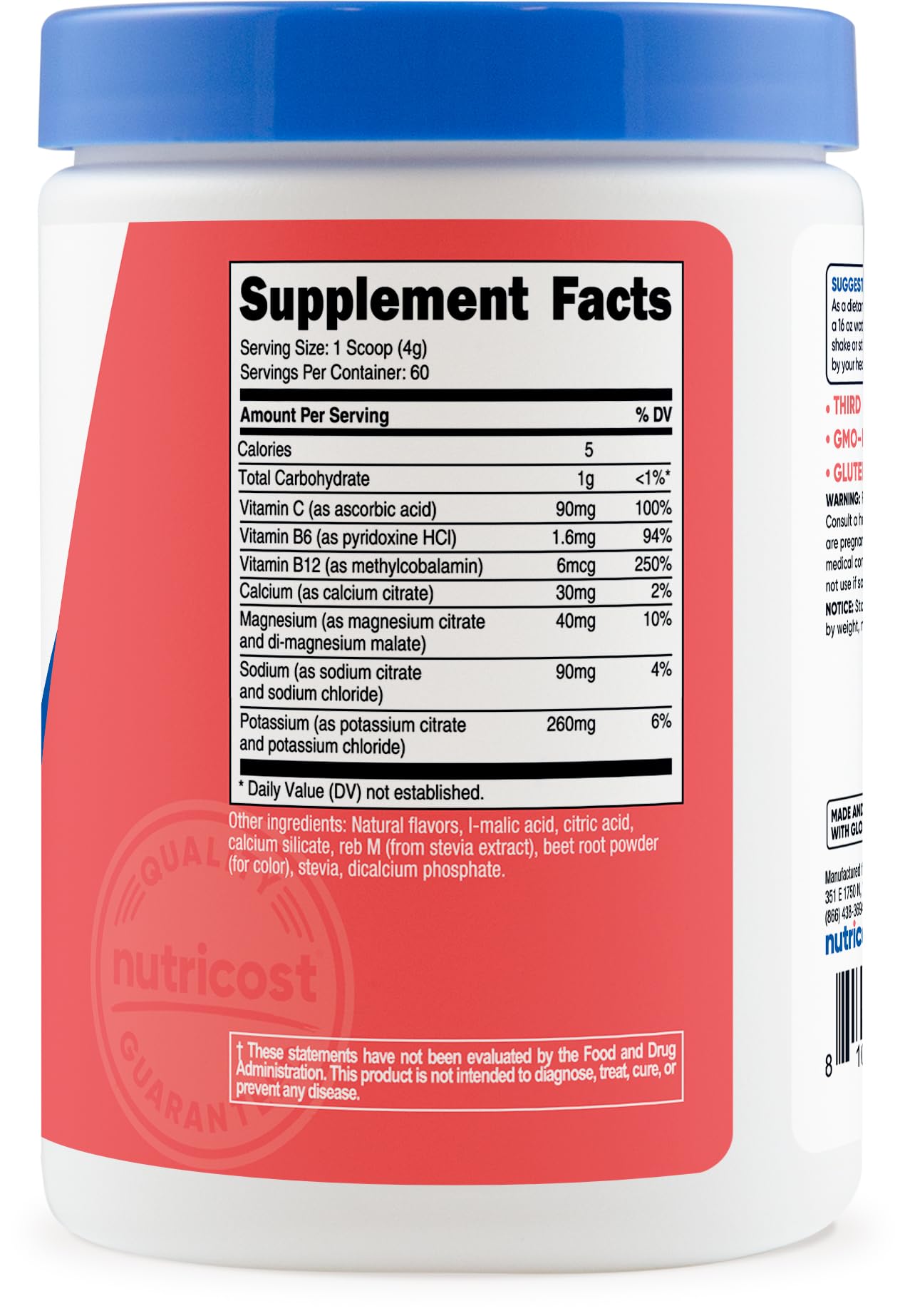Nutricost etiqueta e ingredientes en primer plano para ver vitaminas, minerales y certificaciones