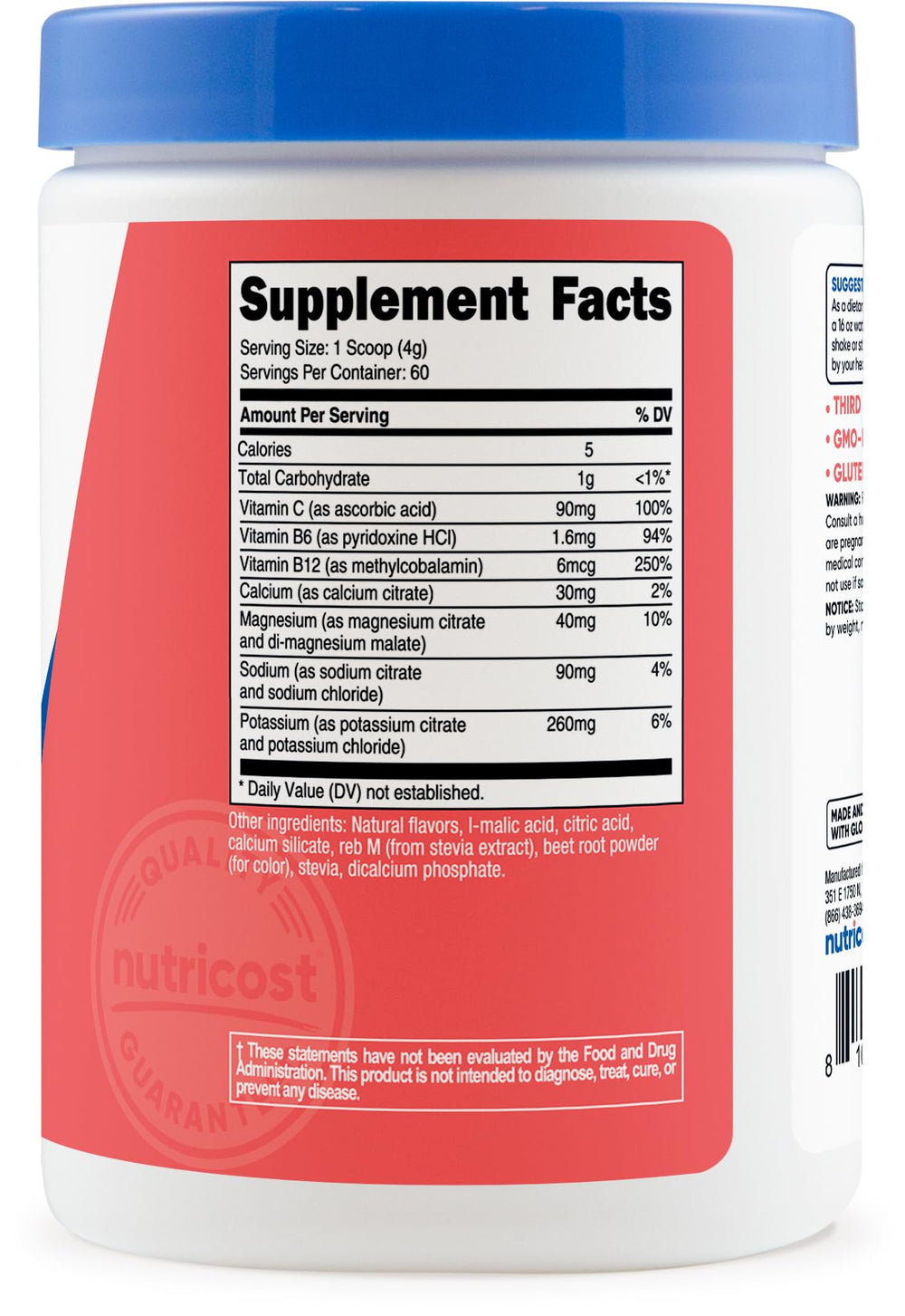 Nutricost etiqueta e ingredientes en primer plano para ver vitaminas, minerales y certificaciones