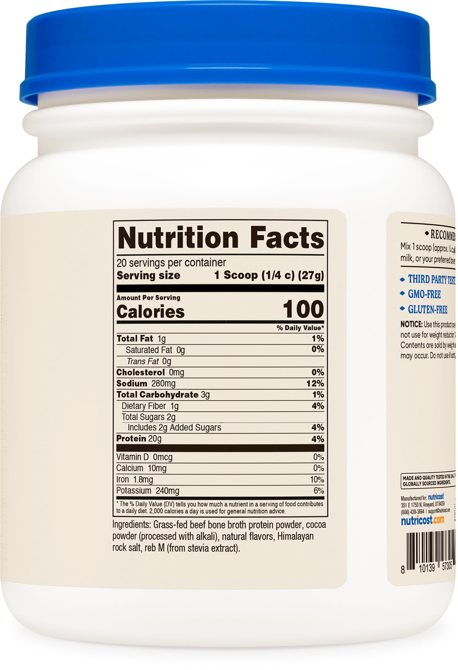 Detalle de la etiqueta Nutricost que destaca GMO-Free y pruebas de terceros