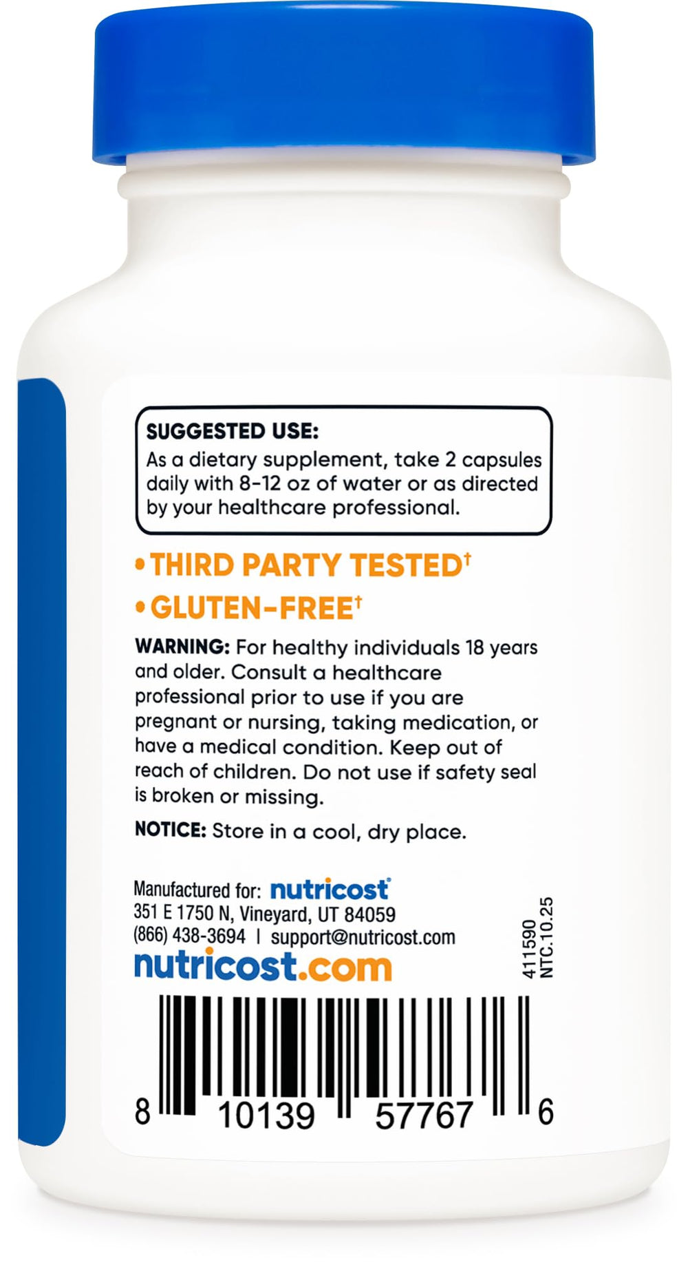 Nutricost etiqueta con ingredientes y certificaciones NSF, tranquilidad sobre calidad