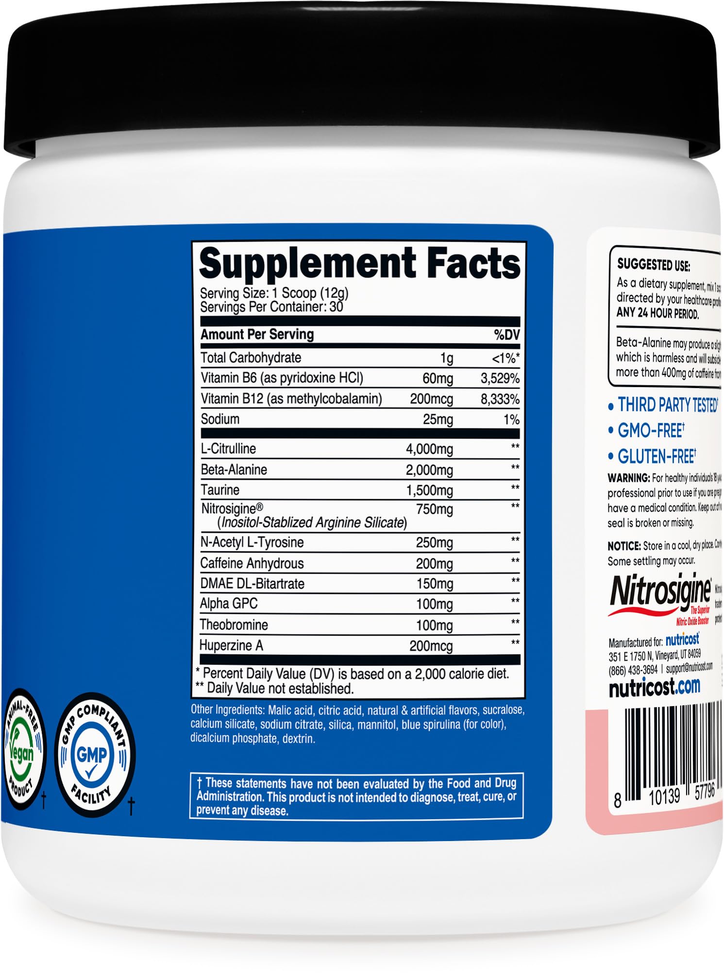 Nutricost etiqueta con ingredientes y certificaciones para confianza