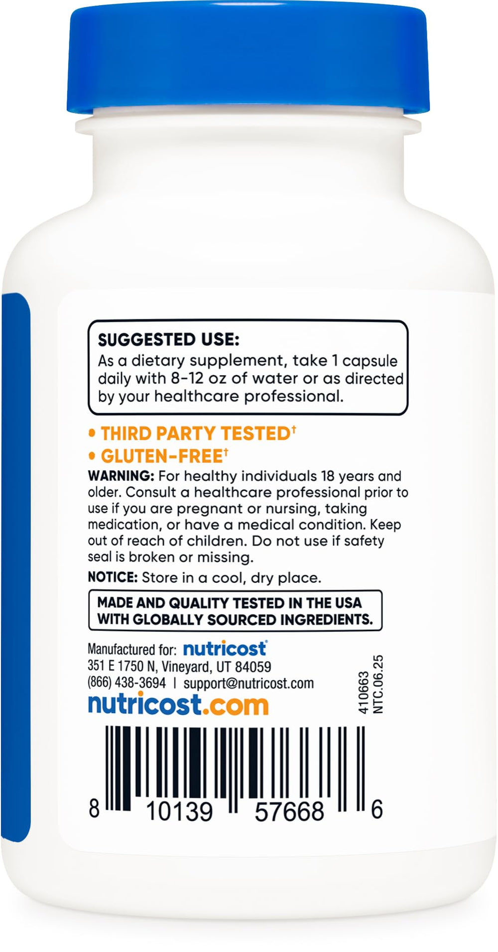 Nutricost closeup de etiqueta con ingredientes y certificados de calidad