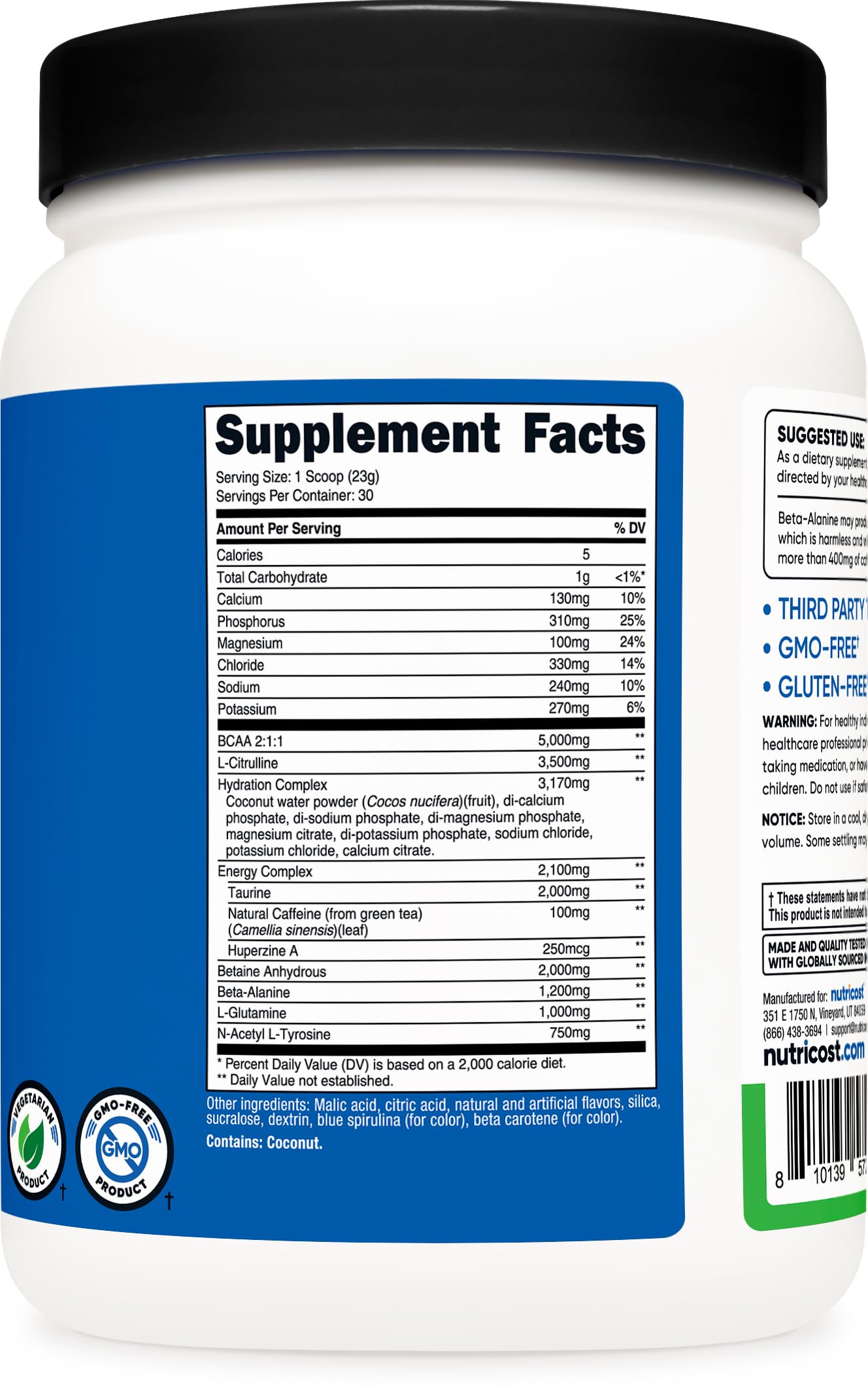Nutricost etiqueta de ingredientes detalla BCAA y beneficio claro