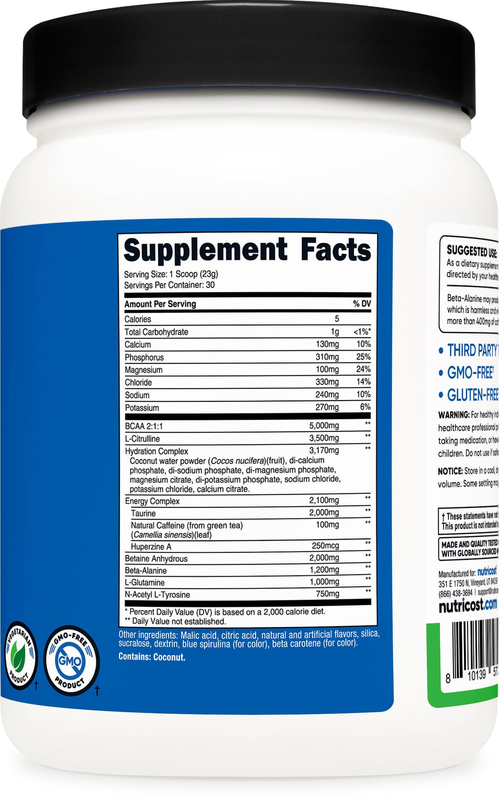 Nutricost etiqueta de ingredientes detalla BCAA y beneficio claro
