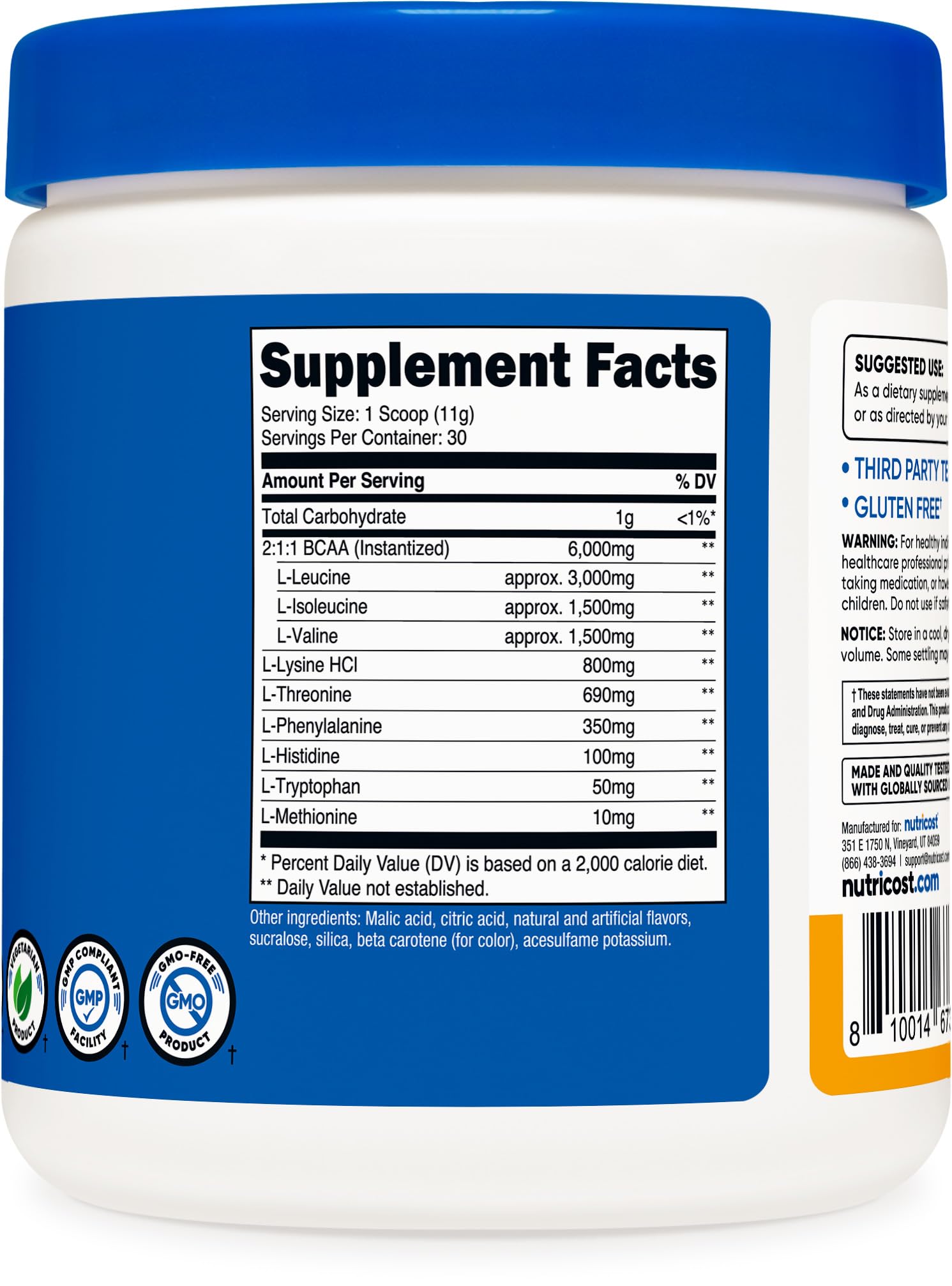 Nutricost etiqueta nutricional detallando 8 g EAAs por porción y lista de aminoácidos