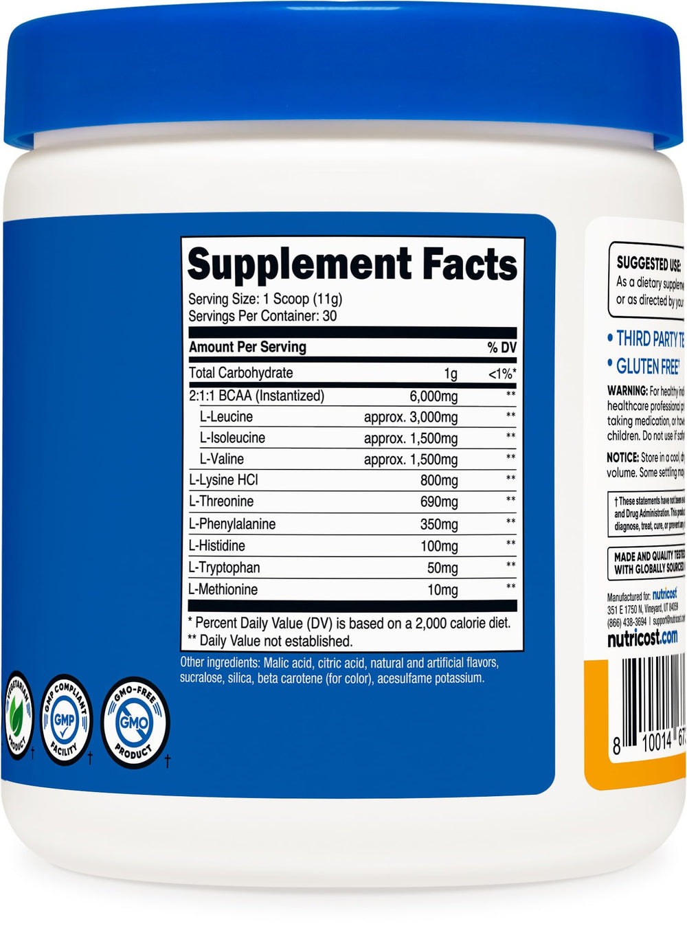 Nutricost etiqueta nutricional detallando 8 g EAAs por porción y lista de aminoácidos