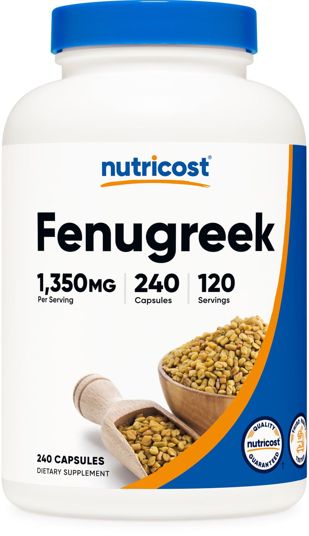 Nutricost frasco frontal mostrando 240 cápsulas y beneficio de suministro prolongado