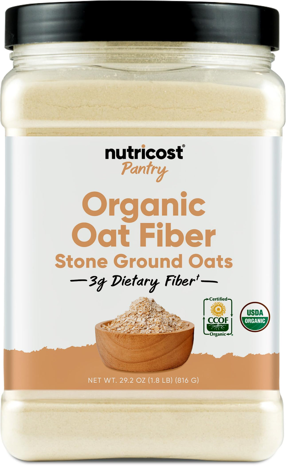Nutricost envase frontal mostrando fibra de avena orgánica y conveniencia