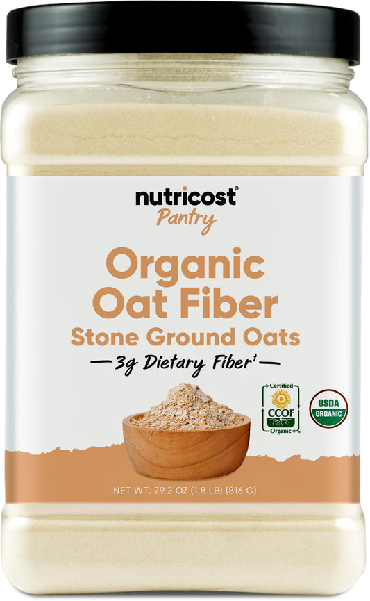 Nutricost envase frontal mostrando fibra de avena orgánica y conveniencia