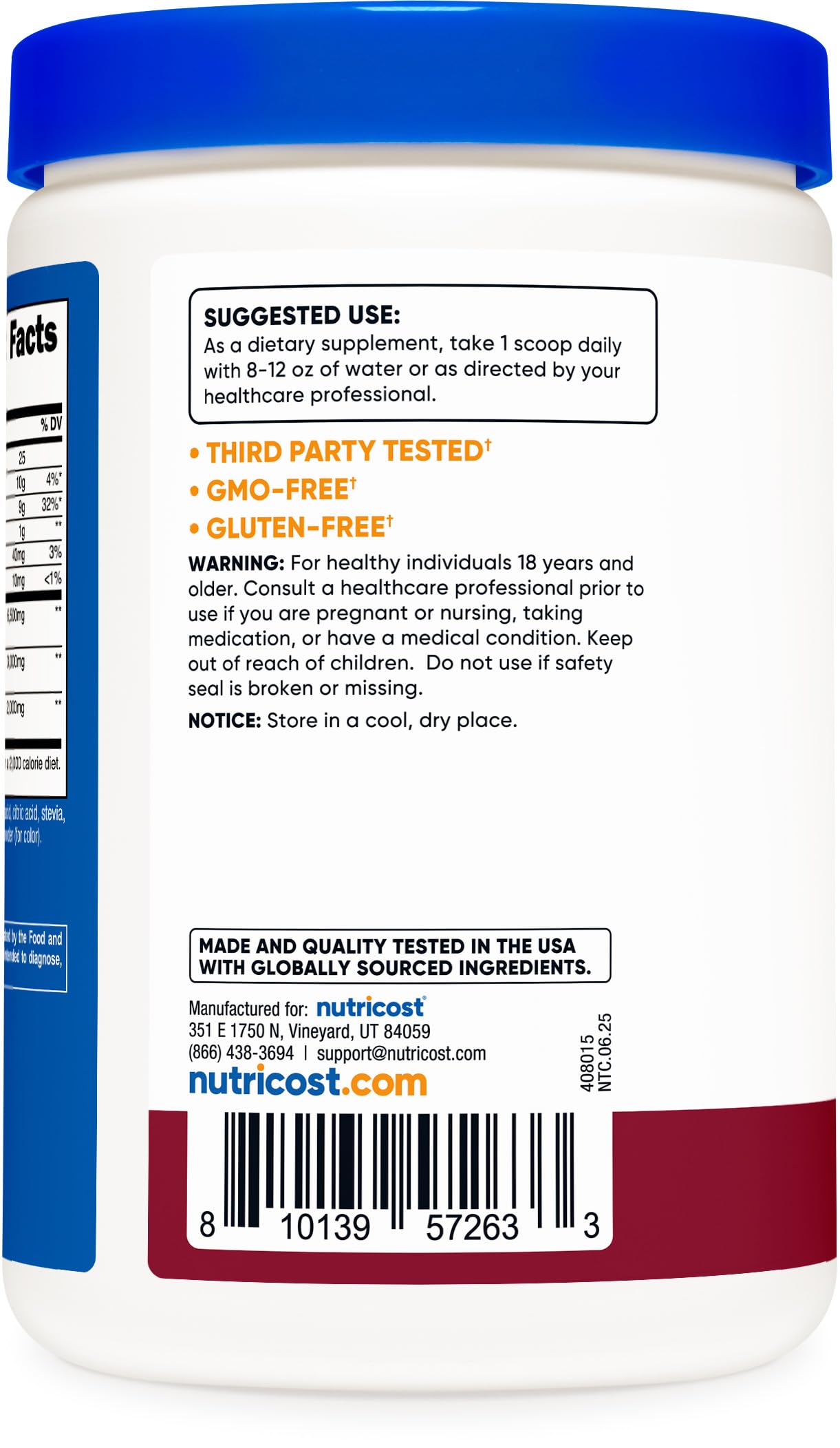 Nutricost fibra soluble etiqueta con información nutricional y calidad verificada
