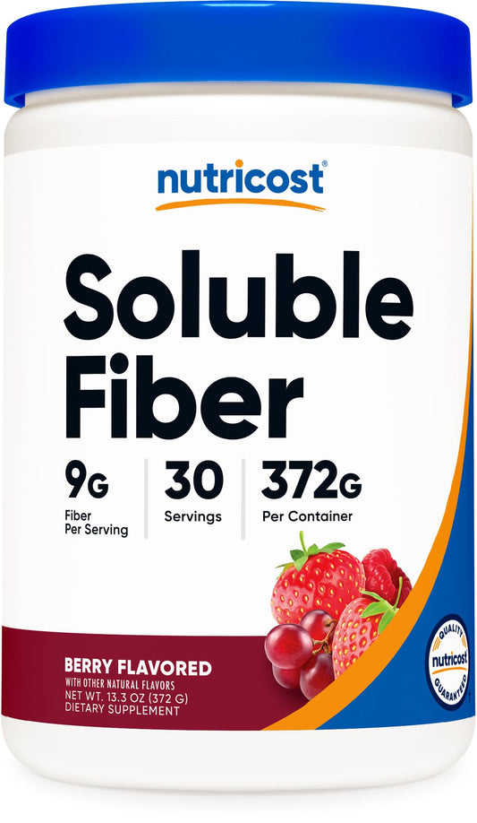 Nutricost fibra soluble presentación frontal muestra sabor berry y beneficios de uso