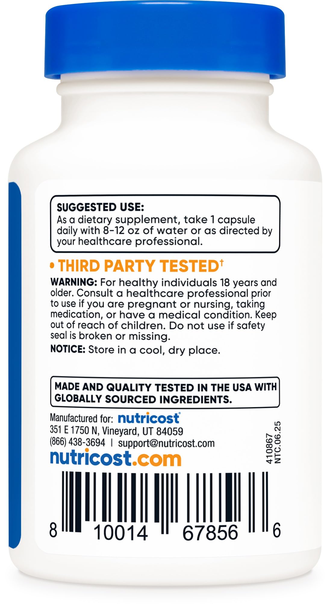 Nutricost fisetin etiqueta con ingredientes y certificaciones visibles