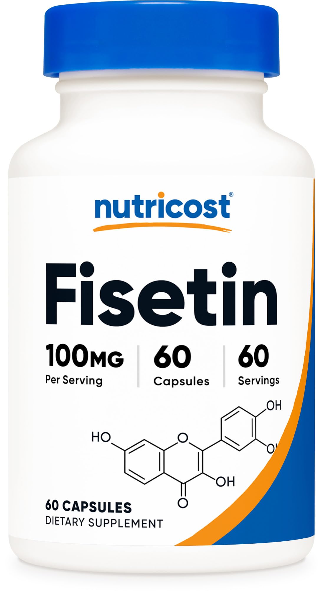 Nutricost fisetin frontal del frasco con diseño claro y dosis visible