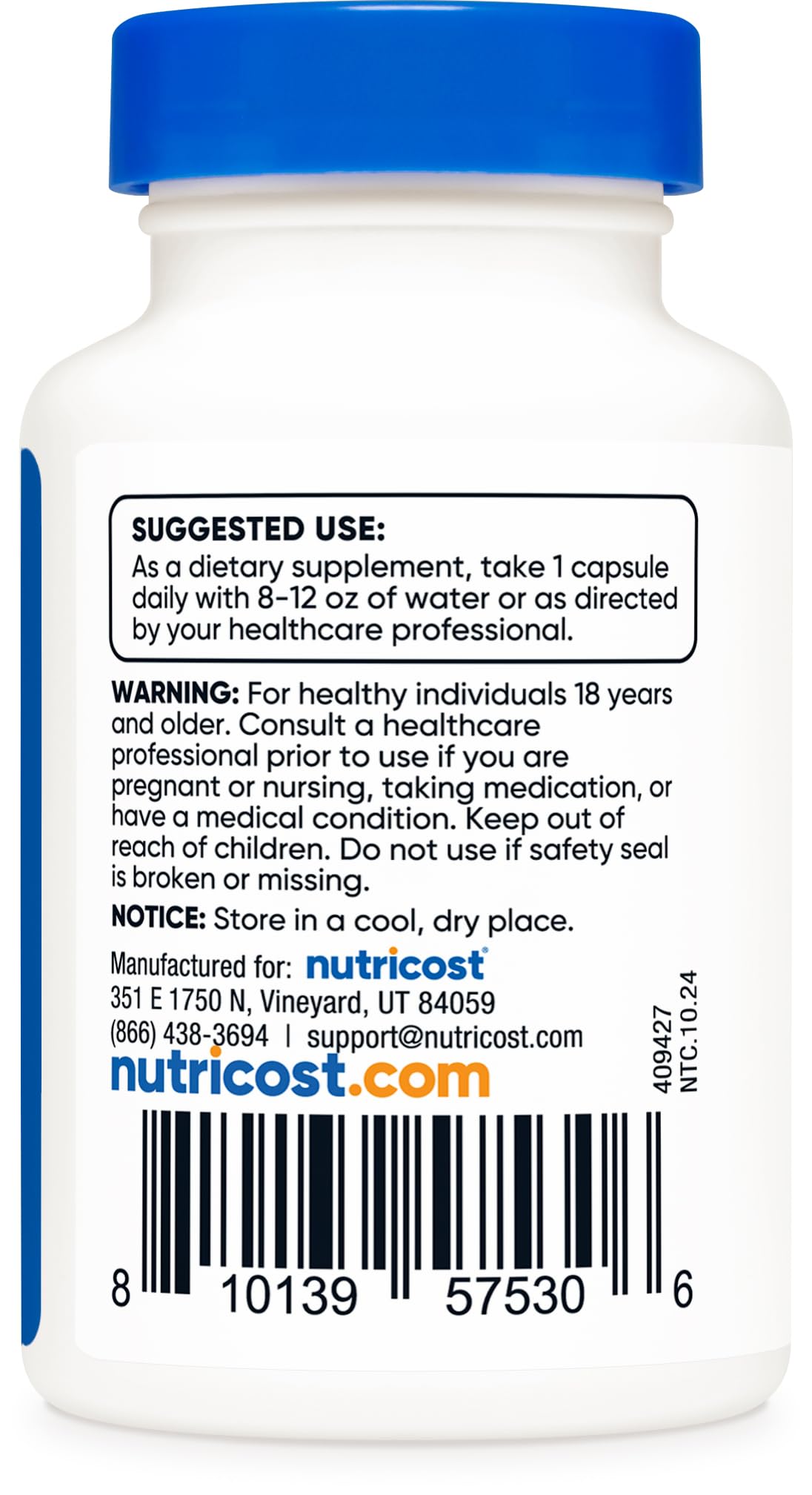 Nutricost frasco abierto con 60 cápsulas resaltando suministro para dos meses