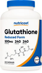 Nutricost frasco delante mostrando glutatión 500 mg, comodidad de suministro