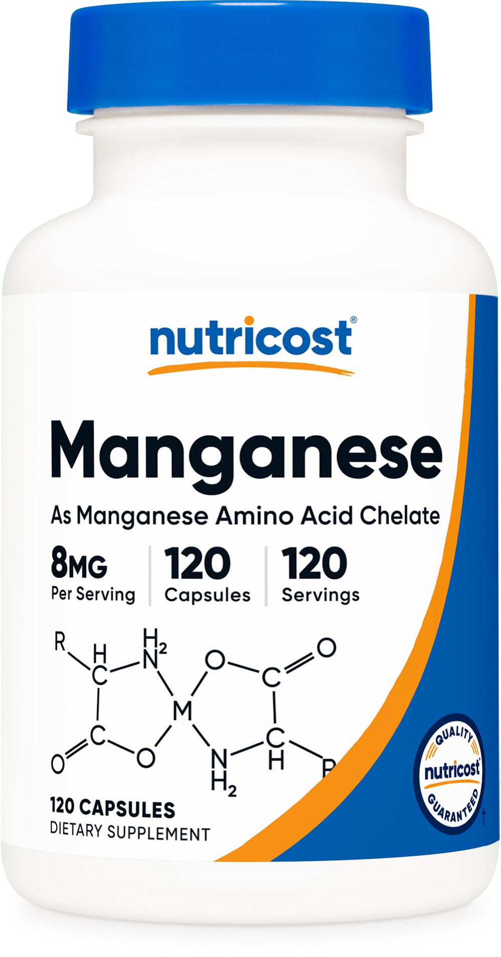 Nutricost frasco delantero de manganeso 8 mg mostrando el envase y claridad del producto