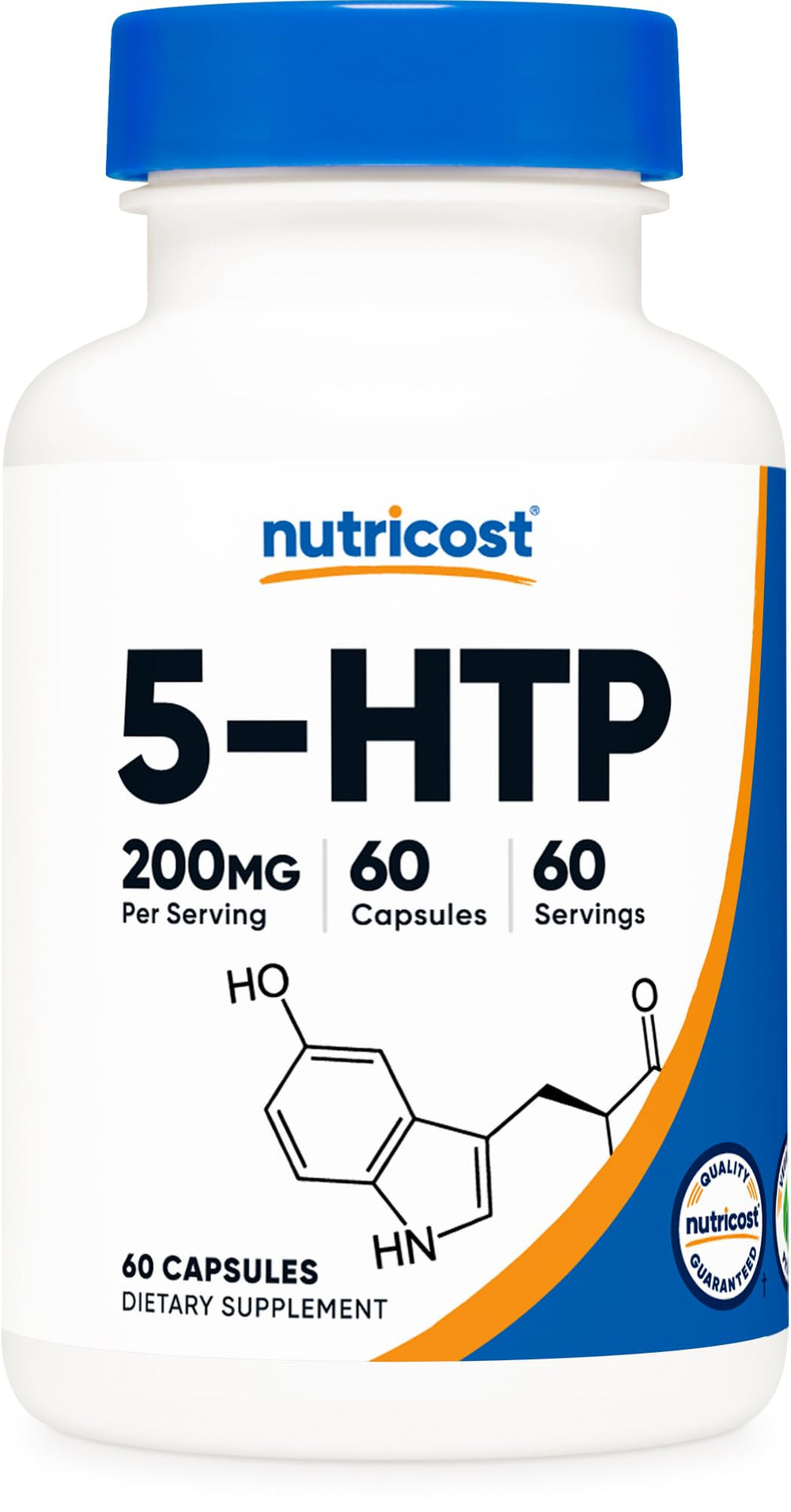 Nutricost frasco frente mostrando 5-HTP y ventaja de pureza