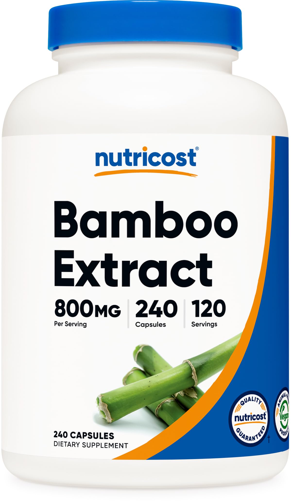 Nutricost frasco frontal mostrando 240 cápsulas y beneficios de dosificación