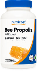 Nutricost frasco frontal de Bee Propolis con etiqueta clara y beneficios visibles
