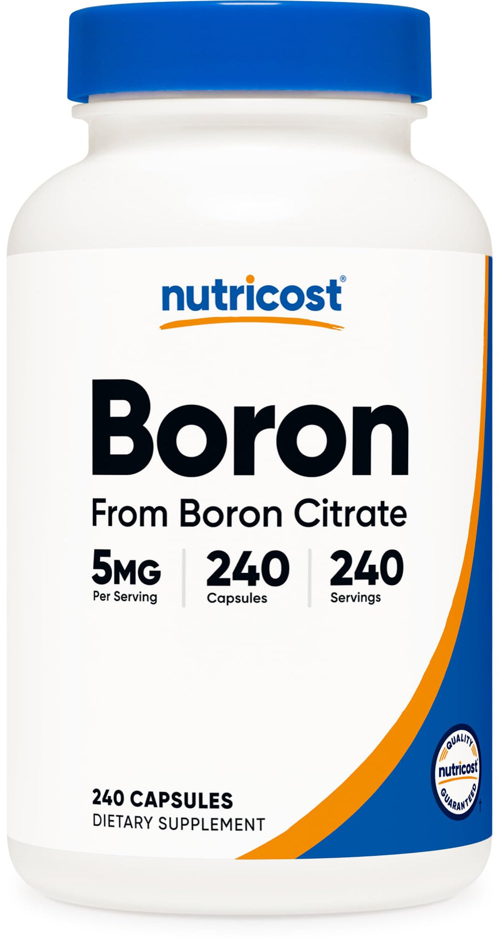 Nutricost frasco frontal Boron 240 cápsulas mostrando tamaño y etiqueta