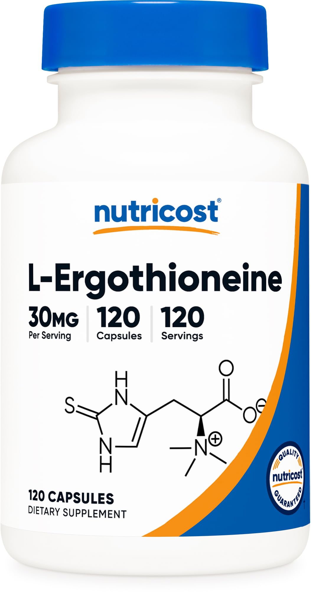 Nutricost frasco frontal L-Ergothioneine mostrando envase y claridad del producto