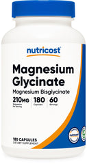 Nutricost frasco frontal de Magnesium Glycinate 180 cápsulas mostrando etiqueta clara y beneficio de pureza