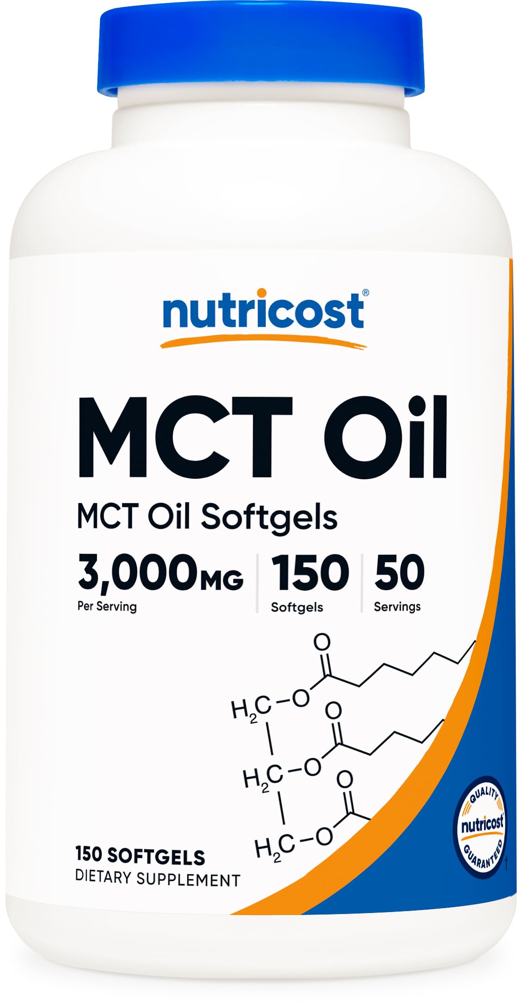 Nutricost frasco frontal de MCT Softgels mostrando etiqueta y cantidad