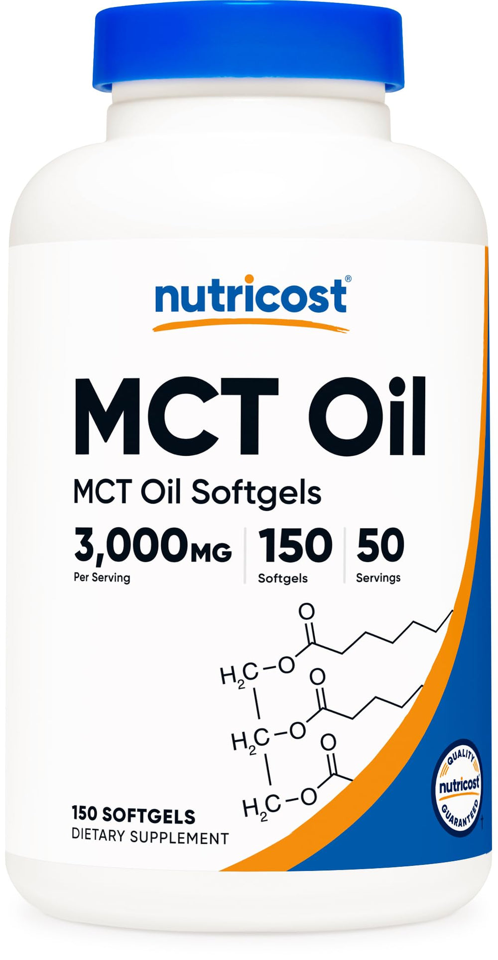Nutricost frasco frontal de MCT Softgels mostrando etiqueta y cantidad