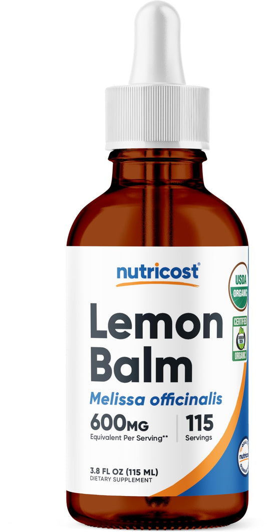 Nutricost frasco frontal de melisa con información clara y beneficios orgánicos