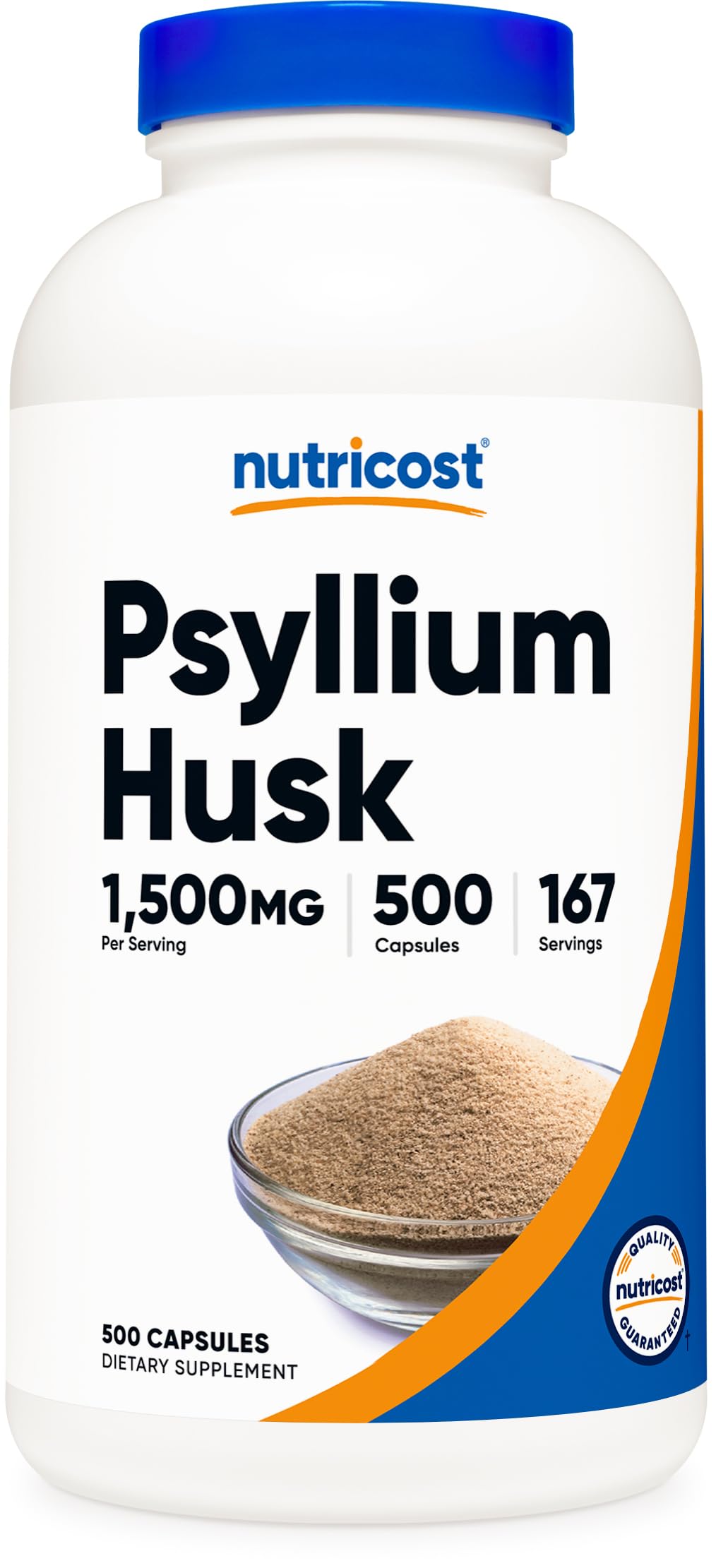 Nutricost frasco frontal de psyllium husk mostrando etiqueta y beneficios