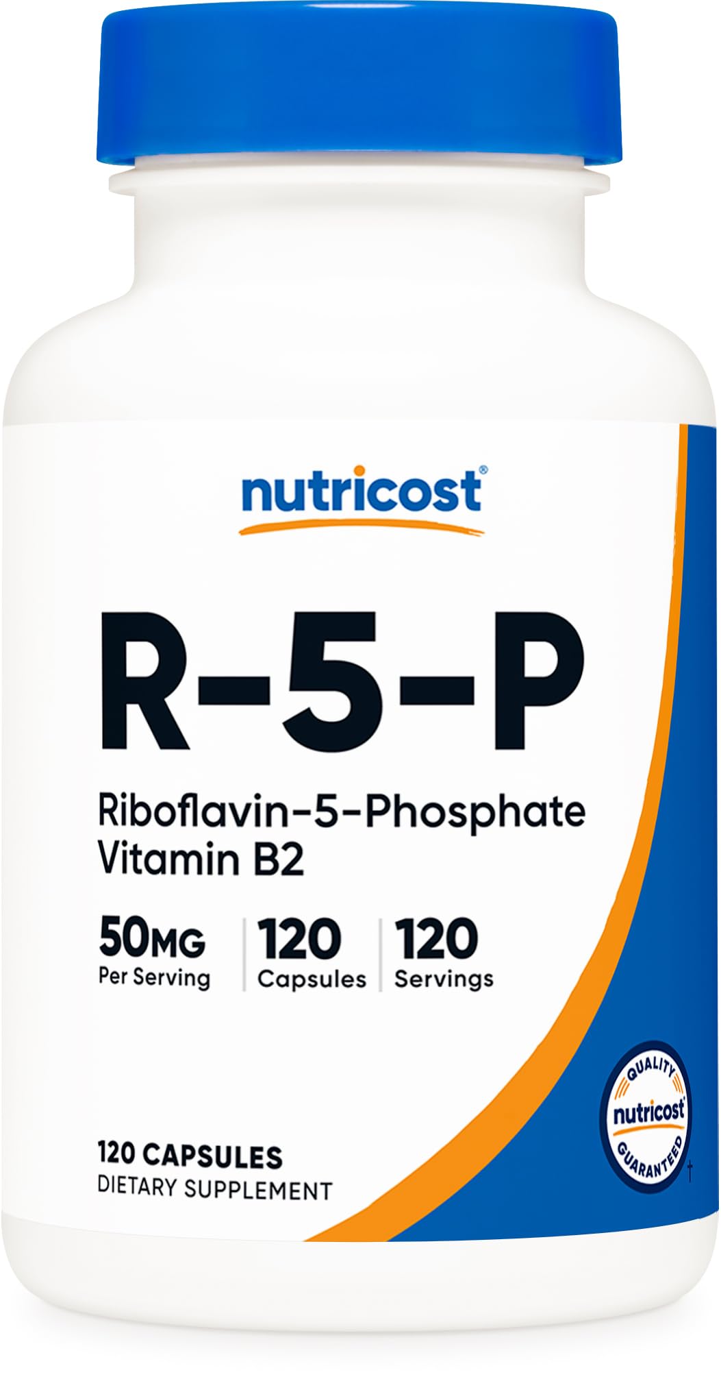 Nutricost frasco frontal R‑5‑P mostrando etiqueta y 120 cápsulas, confianza de marca