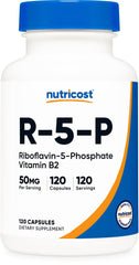 Nutricost frasco frontal R‑5‑P mostrando etiqueta y 120 cápsulas, confianza de marca