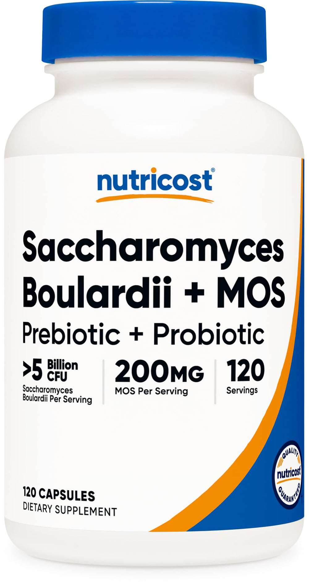 Nutricost frasco frontal mostrando Saccharomyces boulardii y MOS para identificar producto